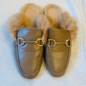 Tan rabbit fur loafer mules rose gold buckle vegan leather rubber soles